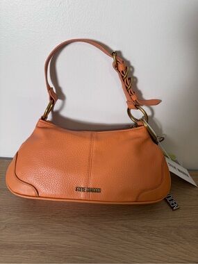 Steve Madden Orange Pebble-Textured Shoulder Bag with Chain Detail